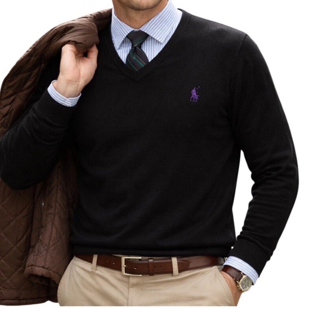 Ralph Lauren‎ Men's Pima Cotton V-Neck Sweater Size L Pony Logo Pullover Black